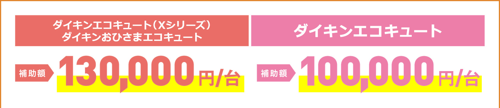 ダイキンエコキュート（Xシリーズ）ダイキンおひさまエコキュート：補助額130,000円/台。ダイキンエコキュート：補助額100,000円/台。